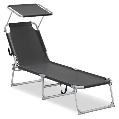 SONGMICS Chaise Longue Pliante, 189 x 53 x 28,5 cm, Transat Jardin Extérieur, Supporte 110 kg, Pare-Soleil et Dossier Réglables, pour Terrasse, Balcon, Noir...
