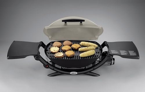Weber Q2000 Gasgrill, 54 x 39cm Grillfäche, portabler BBQ Grill, 1 Brenner, mit ausklappbaren Seitentischen, 2-geteilter porzellanemaillierter Guss-Grillrost - Schwarz (53010079)