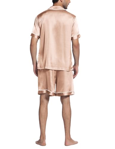 Image of Ekouaer Mens Satin Pajamas Set Button-Down Short Sleeve Shirt Top Soft Silk Sleepwear Shorts with Pockets