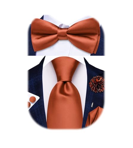 Image of Hi-Tie 5Pcs Mens Solid Color Silk Tie Satin Pretied Bowtie Lapel Pin for Men Handkerchief Cufflink Wedding Gift Box