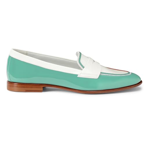 Image of Women Patent Slip On Loafer Flats Two Tone Round Toe Flat Heel Penny Loafers Casual 1 inch Low Heel Loafer Dress Shoes Oxford Comfort Chic Colorblock Office Ladies 4-11 M US