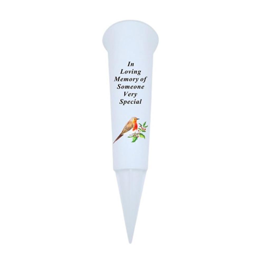 Plastic Flower Holders/Memorial Grave Vases Ornaments-Spike Flower Grave Vases for Grave Decoration with Engraved Funeral Verses for Your Loved Ones -With White Spike and Robin Image (Someone Special)
