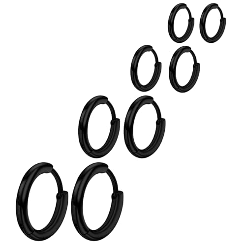 Pendientes de Aro de Negro 4 Pares Aretes de Aro de Acero Inoxidable para Mujer Aretes Pequeños Hipoalergénicos de Negro para Mujeres y Hombres 6/8/10/12 mm