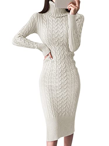 Minetom Damen Strickkleid Rollkragen Herbst Winter Sexy Langarm Midi Kleid Pulli Langes Kleid Slim Pulloverkleid Bodycon Warm Wickelkleid A Weiß S
