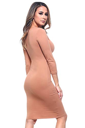 Image of ICONOFLASH Women's 3 /4 Sleeves Midi Bodycon Dress Crew Neck Fitted Dresses with Plus Size Options