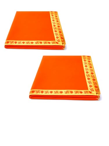SANSKAARAM (Orange, 20 x 30 inch) Plain Orange Velvet Pooja Aasan Cloth for God Idol Sitting, Mandir Shelf, Puja Chowki Table, Home Temple Decoration with Swastik Border, Pack of 2 (Orange, 20 x 30)