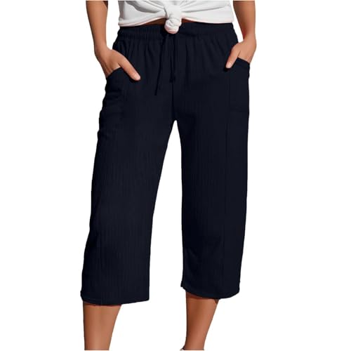 Capris Pants for Women Cotton Linen Casual Summer 2025 Wide Leg Loose Comfy Drawstring Elastic Waist Cropped Trousers A02-Navy M