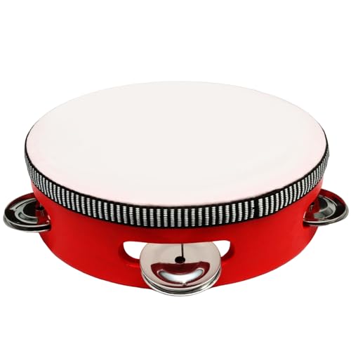 Moicstiy 6 Inch Wooden Round Tambourine, Red Single Row Tambourine with Metal Jingles, Hand Held Percussion Musical Instrument for KTV, Party (1 Pcs)