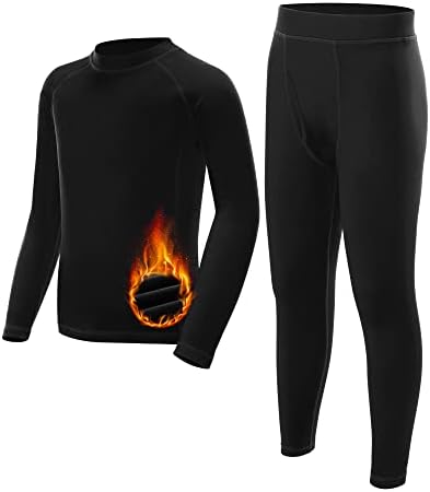 Runhit Youth Kids Thermal Underwear Set Skiing Base Layer Boys Thermal Underwear Set Long Sleeve Shirts Fleece Lined Leggings 2 Pieces Winter Cold Large Black