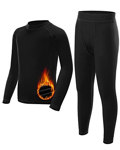 Runhit Youth Kids Thermal Underwear Set Skiing Base Layer Boys Thermal Underwear Set Long Sleeve Shirts Fleece Lined Leggings 2 Pieces Winter Cold Large Black #TOP13