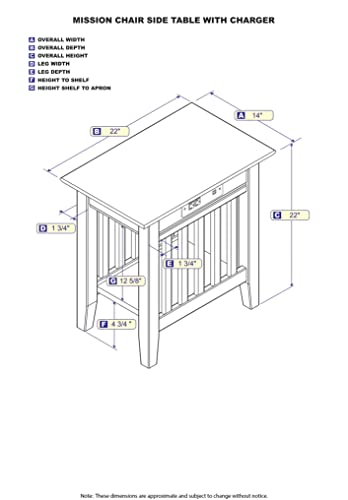Afi Mission Chair Side Table With Charging Station In Grey, Chair Side Table (22" X 14") #TOP2