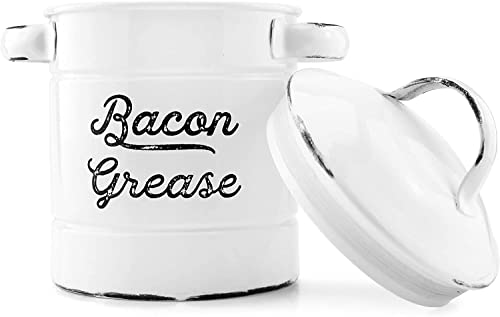 Auldhome Grease Container, White Enamelware Bacon Grease Can With Strainer, Farmhouse Style, Keto-Friendly #TOP3