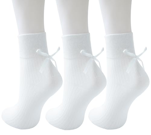 Image of Women's Bow Crew Socks - Cotton Sweet Lolita Dress Breathable Soft Girls' Socks - 3 Pairs