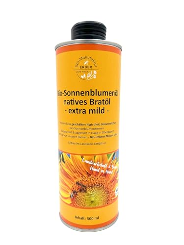 Bio-Sonnenblumenöl natives Bratöl 500 ml, kaltgepresst, extra mild aus geschälten hight oleic ölsäurereichen Bio-Sonnenblumenkernen aus Deutschland, reich an Vitamin E