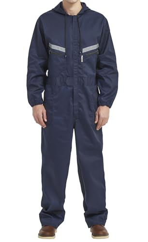 Yukirtiq Hombre Pantalones con Peto de Trabajo para jardín y Garaje, Encapuchado Mono de Trabajo Mecánico o Industria Cintas Reflectantes Resistente al Aceite para Mecánicos, Azul marino, XXL