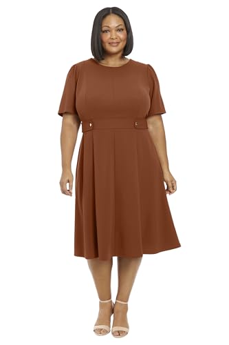 Image of London Times Women's Short Sleeve Crepe Fit and Flare Midi with Waist Button Detail