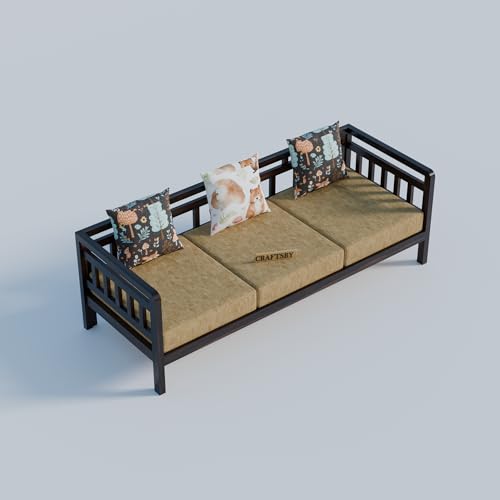 Image of Solid Sheesham Wood 5 Seater Sofa Set Without Centre Table for Living Room | Wooden 3+1+1 Five Seater Sofa Set with 5 Cushions | Modern Sofa Set for Home, Office & Lounge|Cream, Walnut Finish