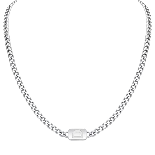 VNOX Silver/Gold/Black Initial Necklace for Men - A-Z Letter Necklaces Cuban Link Chain Pendant Neckless for Mens Womens Valentines Day Christmas Birthday Jewelry Gift D Silver