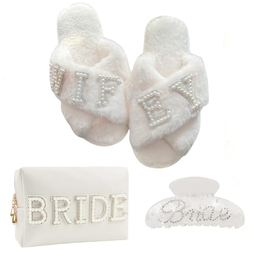 Image of VOPHIA Bride Fuzzy Slippers - Cross Band Soft Wedding Slippers for Bridal Shower