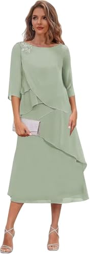 Tea Length Mother of The Bride Dresses for Women Wedding Short Sleeves Ruffle Chiffon Formal Evening Dress JH0184