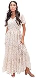 Mikarose Women's Eden Modest Chiffon Flutter Sleeve V-Neck Tiered Ruffle Lined Maxi Dress (Cream Blush Floral, XX-Large)