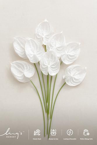 Ling's moment White Anthurium Flowers, 8pcs Artificial Silk Filler Plants, Faux Greenery Stems for DIY Wedding Bouquets Centerpieces Arrangements Bridal Shower Party Home Decorations
