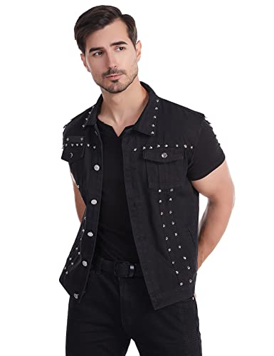Image of Men's Punk Rock Sleeveless Denim Jean Vest Jacket With Rivets