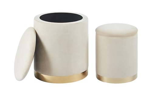 IlGruppone Set Di 2 Pouf Contenitore In Velluto Design Moderno Poggiapiedi,Sgabello Tondo con Coperchio Rimovibile e Seduta Imbottita Alta Densità Con Fascia In Metallo Capiente Storage Box- Beige