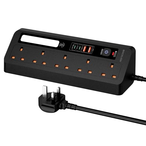 Desk Extension Lead with USB Slots BOCHLION PD 35W + PD 20W Fast Charging Power Station with Night Light 5 Way Plug Extension Socket Surge Protector Desktop Power Strip 1.8M for Home Office-Black