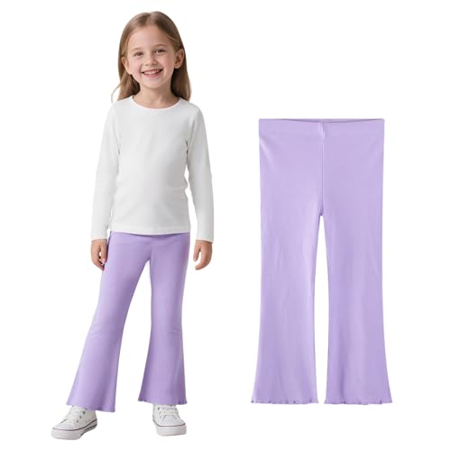 JinBei Leggings Niñas Algodón Pantalones Acampanados Mallas Largos de Canalé Transpirable Legging con Cintura Elástica Cómodos Ropa Infantiles Morado para Casual Deportes, 2-3 Años
