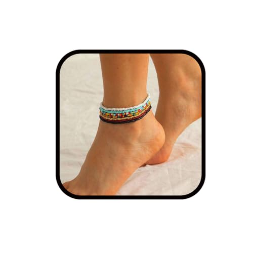 Bufenia Set di cavigliere con perline di semi 7 pezzi Braccialetti alla caviglia africani con perline elastici multicolori Gioielli con catena del piede con perline di vetro da spiaggia Boho