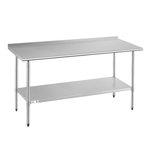 Image of ROCKPOINT Stainless Steel Table for Prep & Work with Backsplash 30x72 Inches, NSF Metal Commercial Kitchen Heavy Duty Table with Adjustable Under Shelf and Table Foot for Restaurant, Home and Hotel