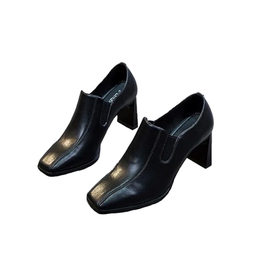 Women's Leather Square Toe Closed Thick Heel High Heels Slip On Comfortable Non-Slip Mid Heel Loafers Formal Work Shoes Suitable for Office Business