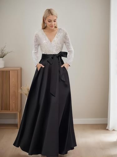 A-Line Formal Elegant Evening Gown Delicate Wedding Guest Dress Fall Long Sleeve Floor Length Satin Sequin 20242