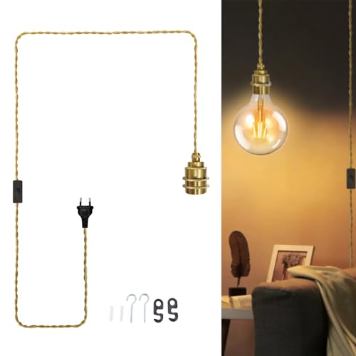JZCDR Gold Hängelampe mit Stecker Metall Keramik E27 Lampenfassung mit Kabel 3,5M Textilkabel Vintage Pendelleuchte mit Schalter und Schraubring DIY für Küche Schlafzimmer Wohnzimmer JZCDR Gold Hängelampe mit Stecker Metall Keramik E27 Lampenfassung mit Kabel 3,5M Textilkabel Vintage Pendelleuchte mit Schalter und Schraubring DIY für Küche Schlafzimmer Wohnzimmer