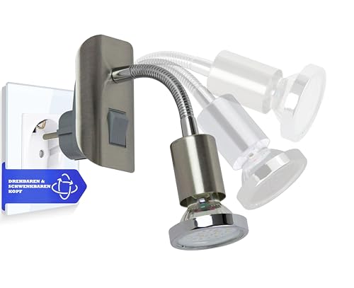 Trango 2er Pack 11-252 LED Steckerleuchte im Edelstahl-Optik Steckerlicht Nachtlicht inkl. je 1x GU10 3000K warmweiß LED Leuchtmittel, Deko-Chrom Ring & ON/OFF Schalter Leselampe Wandlampe Küchenlampe
