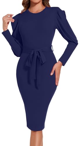 Image of Funeral Church Dresses for Women Formal Long Sleeve Wrap Business Work Dress Vintage Ruched Midi Pencil Dress