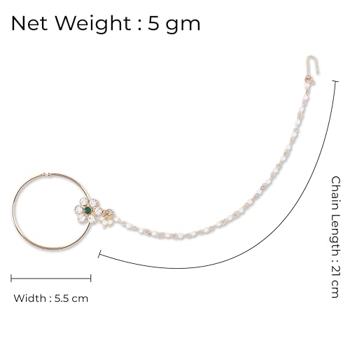 Image of Suhana Goldon Plated Traditional Ethnic Bridal Nose Ring /Nath without piercing with Pearl Chain Encased with Stone for Women /Girls (Nose Ring Diameter - 5)