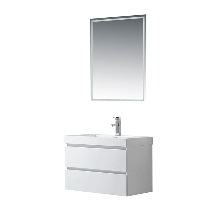 Vanity Art LED Lighted 30 Inches Single Sink Wall Mounted Bathroom Vanity Set 2 Drawers Storage Cabinet White Engineered Stone Top Undermount Rectangle Sink with Sensor Switch VA6030WL