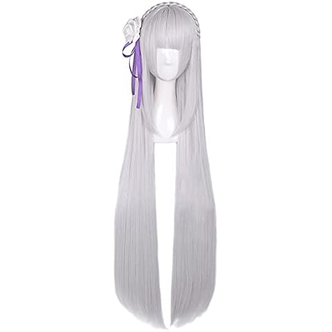HIROAKIYA Emilia Wig, Re Zero Emilia Cosplay Wig with Flower Hair Accessory & Wig Cap, Perücke Grau Weiß Lang Glatt Cosplay Anime Cover
