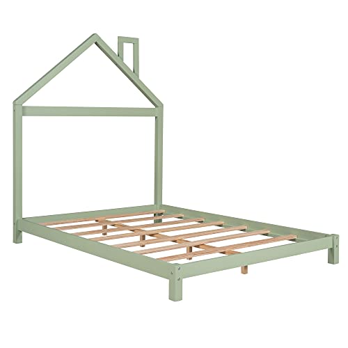 Full Size House Platform Bed Frame Mattress Foundation With Headboard/No Box Spring Needed/Easy Assembly, Green #TOP5