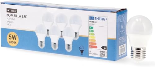 M Ledme - Pack 6, Bombilla Led E27 G45 5W, Luz neutra (4000k), casquillo E27, 450 Lumen, IP20, Apertura del Haz de Luz 200°, Eficiencia energética y Bajo Consumo. LM7601