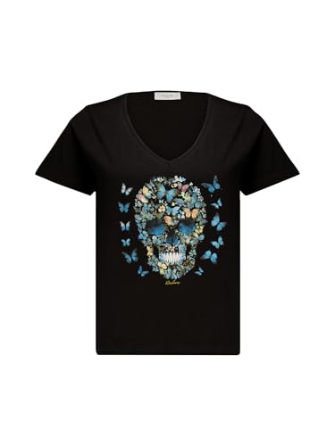 T-Shirt Femme Deeluxe BUTTERSKULL à col V noir avec motif crâne fleuri