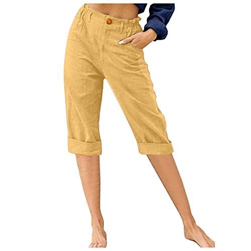 CFDRFGH Capris for Women Summer Cotton Linen Pants Casual 2025 Loose Comfy Trendy Elastic Waist Cropped Trouser Beach Clothes, Yellow, Small