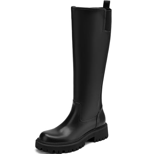 Women's Knee High Boots Platform Lug Sole Boots Stretch Round Toe Riding Boots Comfortable Calf Dress Long Boots