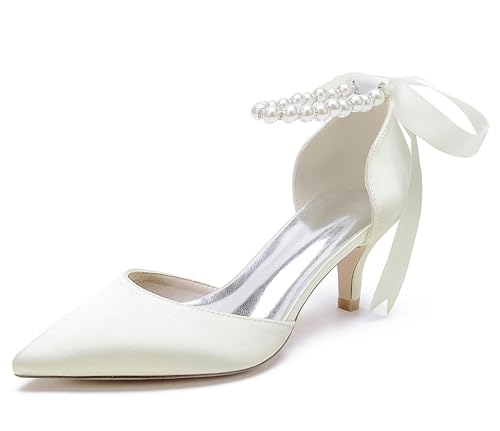 Hanfike Satin Evening Dress Shoes for Bridal Bridesmaids Ankle Chains Evening Prom Pumps with Ribbon JY136