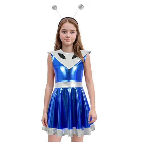 Disfraz infantil para niña, disfraz de astronauta alienígena, robot, juego de rol, fiesta, actuación, disfraz de Halloween, estilo (azul, 7-8 años)