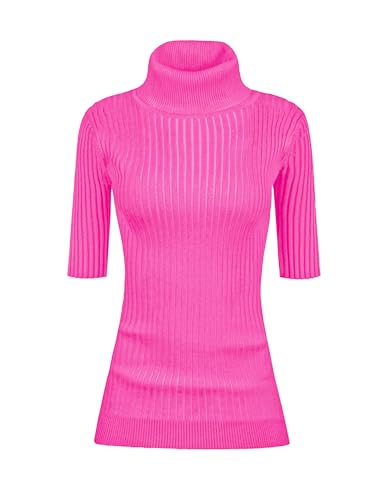 v28 Women Turtleneck 1/2 Half Sleeve Highly Stretchy Ribbed Knit Fitted Sweater(Hot Pink L)