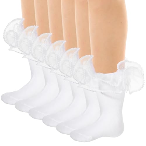 3 Pairs Girl Ruffle Socks,Double Frilly Socks for Girls,Cute Pearls Sock with Ruffles for Little Girl 4-6 Years Dress and Daily