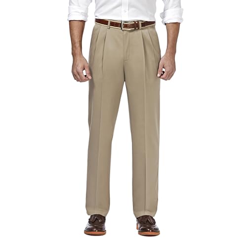 Image of Haggar mens Premium No-iron Classic-fit Expandable-waist Pleat-front Casual Pants, Khaki, 34W x 29L US
